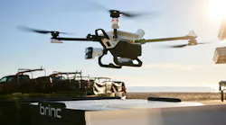 The BRINC Guardian Drone is seen being deployed from a docking station.