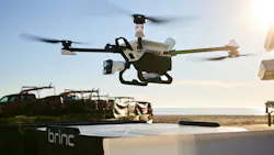 The BRINC Guardian Drone is seen being deployed from a docking station.