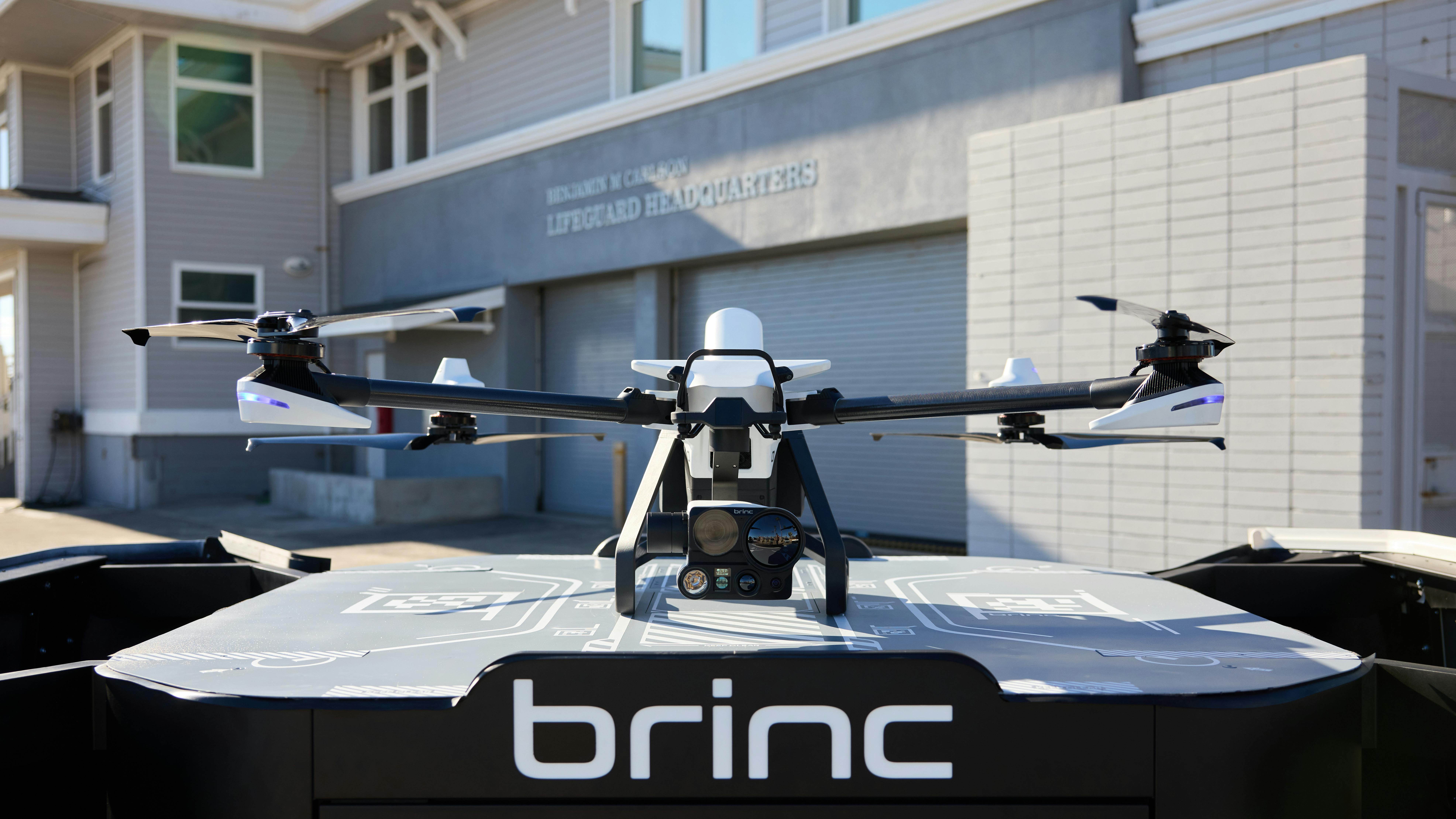 The BRINC Guardian drone is seen in a docking station ready for a mission.