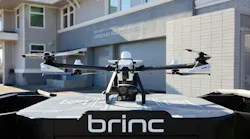 The BRINC Guardian drone is seen in a docking station ready for a mission.