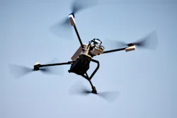 The powerful loudspeaker on the BRINC Guardian drone is demonstrated during a flight.
