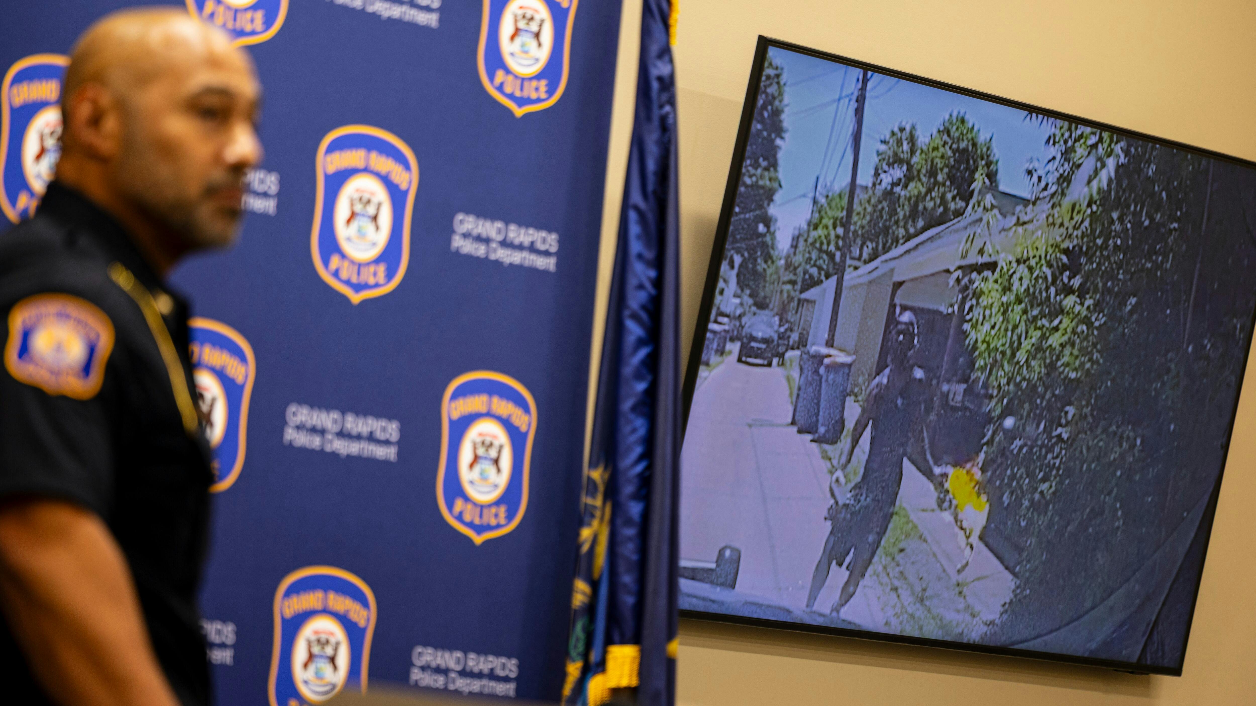 Interim Grand Rapids Police Chief Joe Trigg shows bodycam footage following an officer-involved shooting