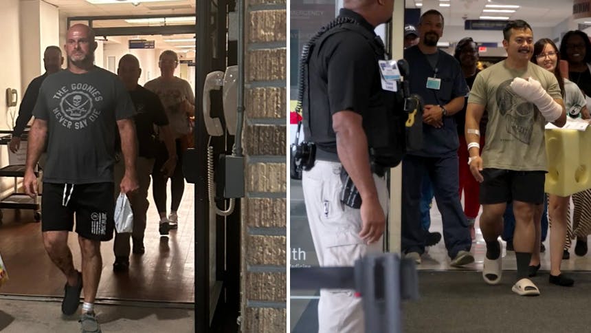 Hillsborough County Sheriff's deputies Colton Daniels, left, and Soparmony Muon, right, were released over the weekend following an ambush shooting that left both wounded.