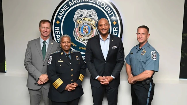 Maryland Gov. Wes Moore with Anne Arundel County Police Chief Amal E. Awad.