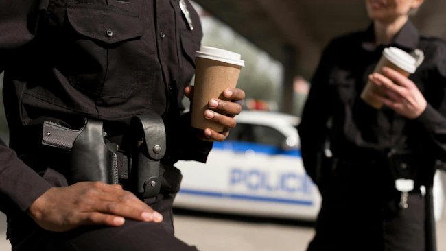 Police officers share a cup of coffee during a break