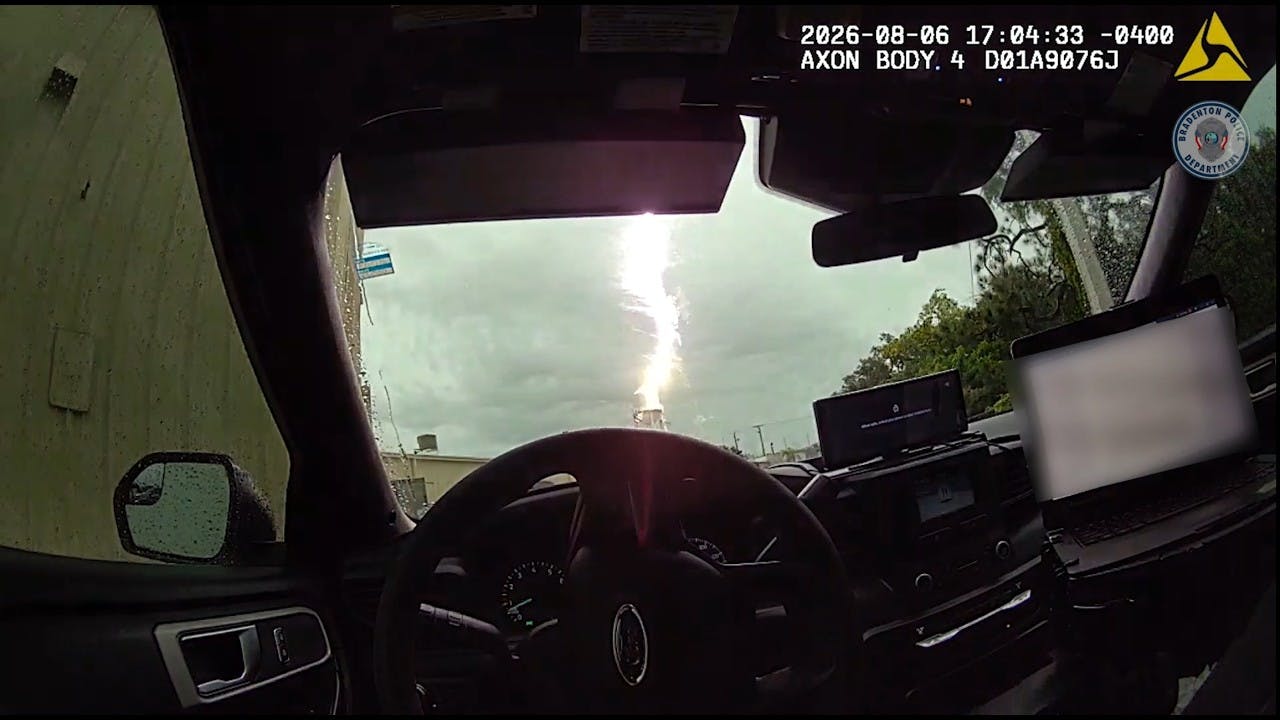 Bradenton police bodycam catches lightning stike on city water tower