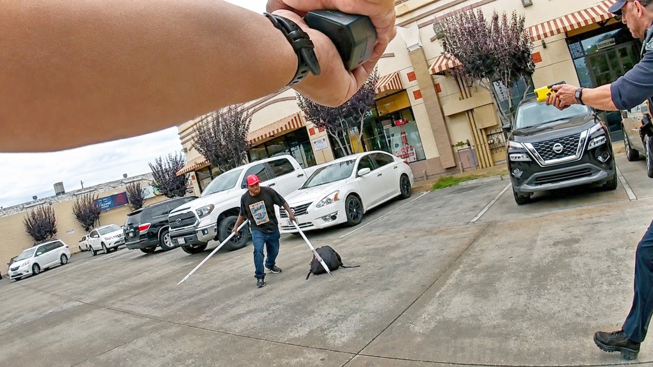 Oakland police confront man with homemade bladed pole weapons