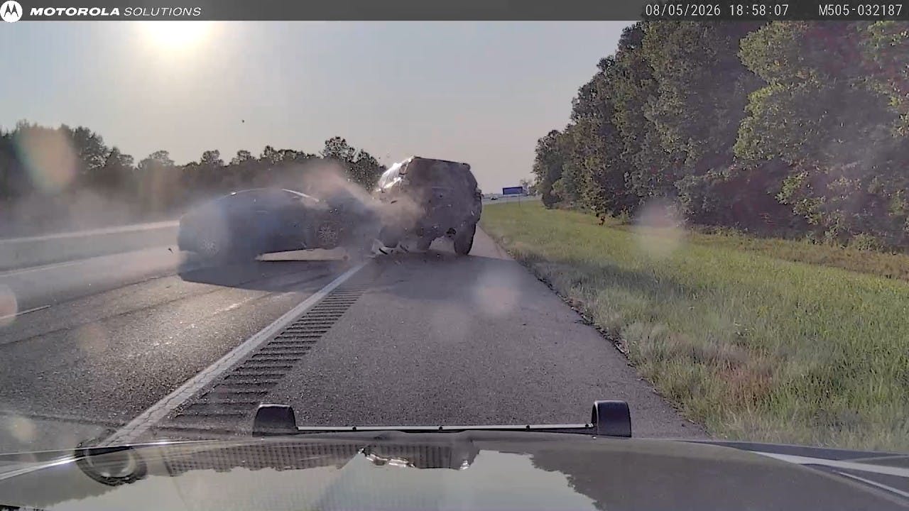 An Arkansas State Police trooper's PIT maneuver sends a fleeing suspect's car into an elderly couple's vehicle in Truman