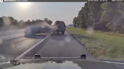 An Arkansas State Police trooper's PIT maneuver sends a fleeing suspect's car into an elderly couple's vehicle in Truman