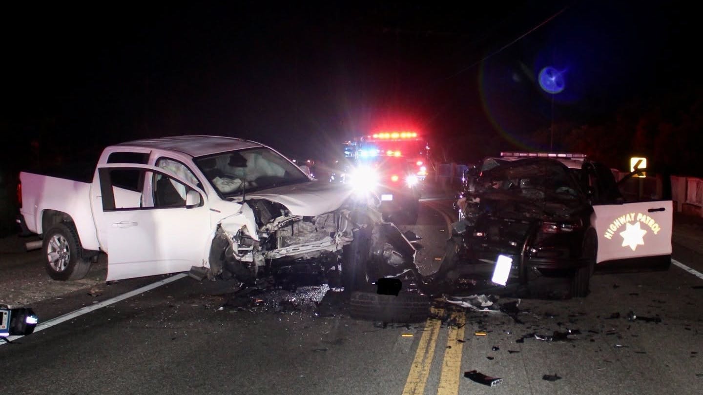 A pickup truck collided head on with a California Highway Patrol cruiser in Grimes Canyon