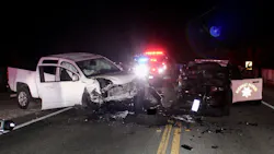 A pickup truck collided head on with a California Highway Patrol cruiser in Grimes Canyon