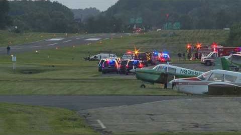 Wreckage from a collision between a Pennsylvania State Police helicopter and a private airplane
