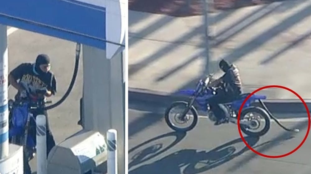 Suspect on dirt bike refuels at a gas station during an LAPD chase, taking off with the gas pump still attached to his bike