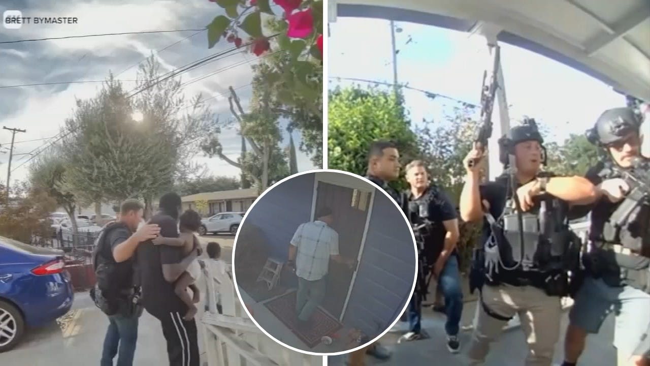 Images from security camera footage that shows San Jose police evacuating a family from a home after an armed robbery suspect had entered