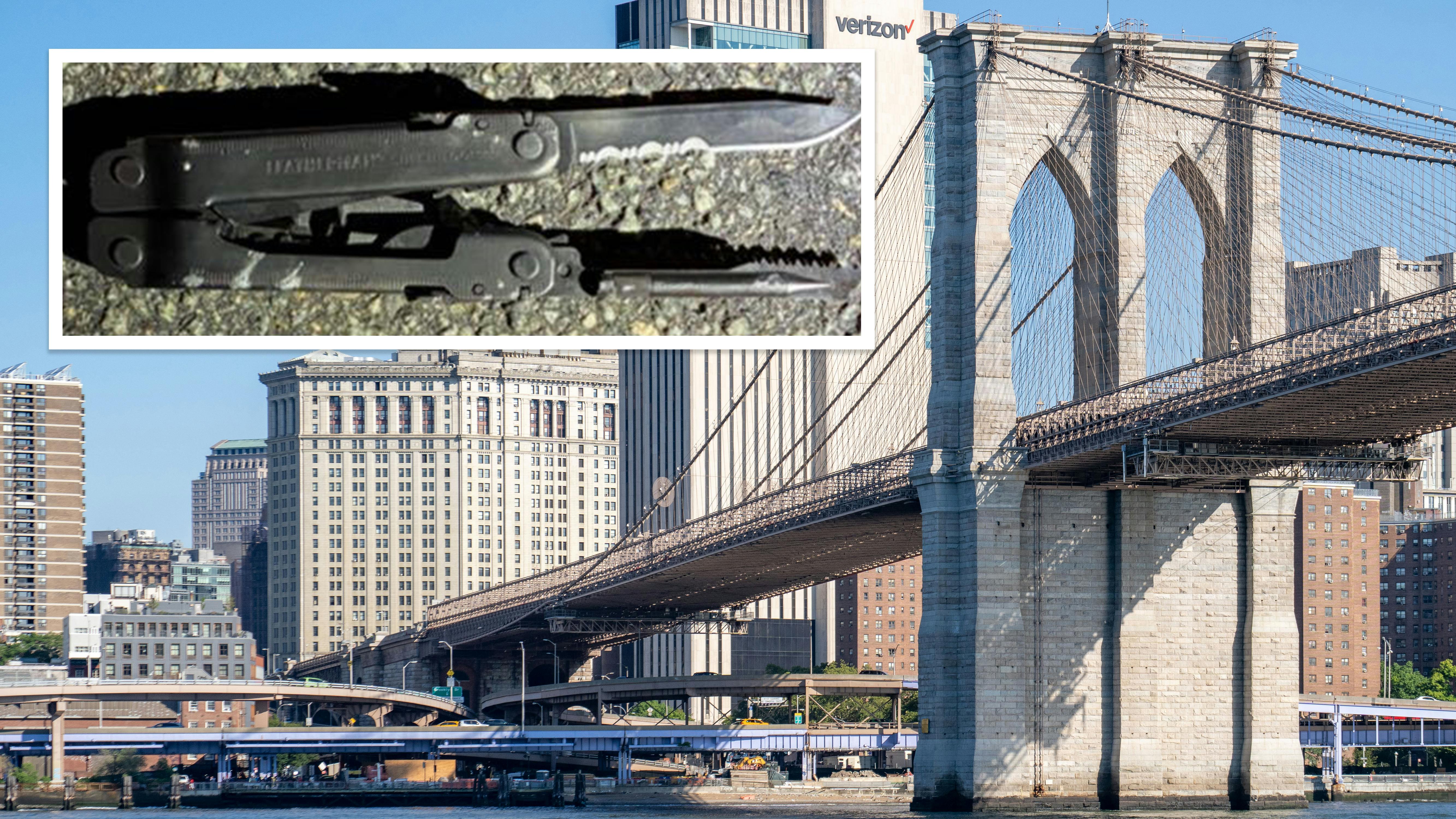 The Brooklyn Bridge with an inset photo of a knife allegedly carried by a man who clashed with NYPD officers on the bridge