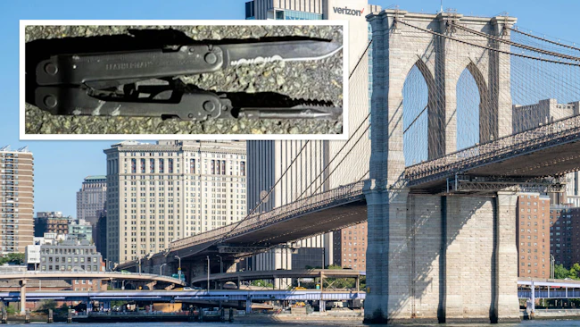 The Brooklyn Bridge with an inset photo of a knife allegedly carried by a man who clashed with NYPD officers on the bridge