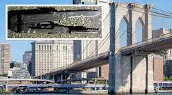 The Brooklyn Bridge with an inset photo of a knife allegedly carried by a man who clashed with NYPD officers on the bridge