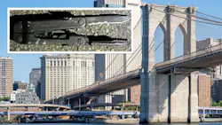 The Brooklyn Bridge with an inset photo of a knife allegedly carried by a man who clashed with NYPD officers on the bridge