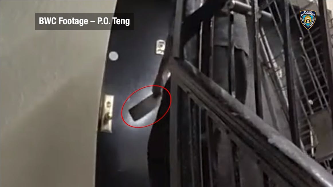 NYPD body camera footage shows a man with a butcher knife advancing on officers