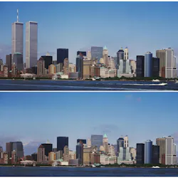 The New York City skyline before and after the 9/11 attacks
