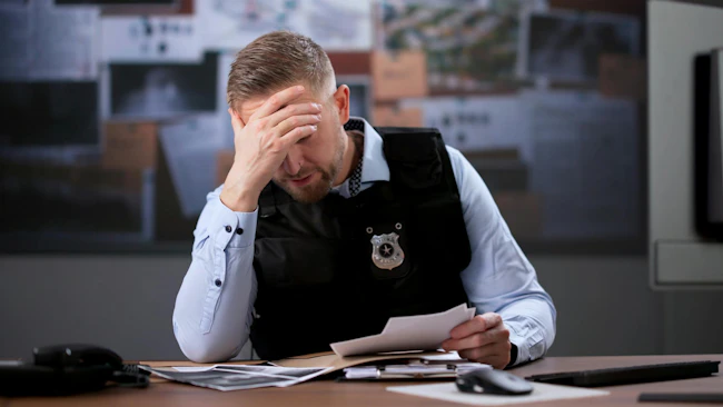 A police officer under stress sitting at his desk