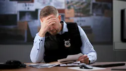 A police officer under stress sitting at his desk