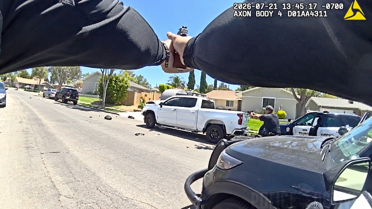 A suspect crashes into a Simi Valley police motorcycle before being fatally shot by officers