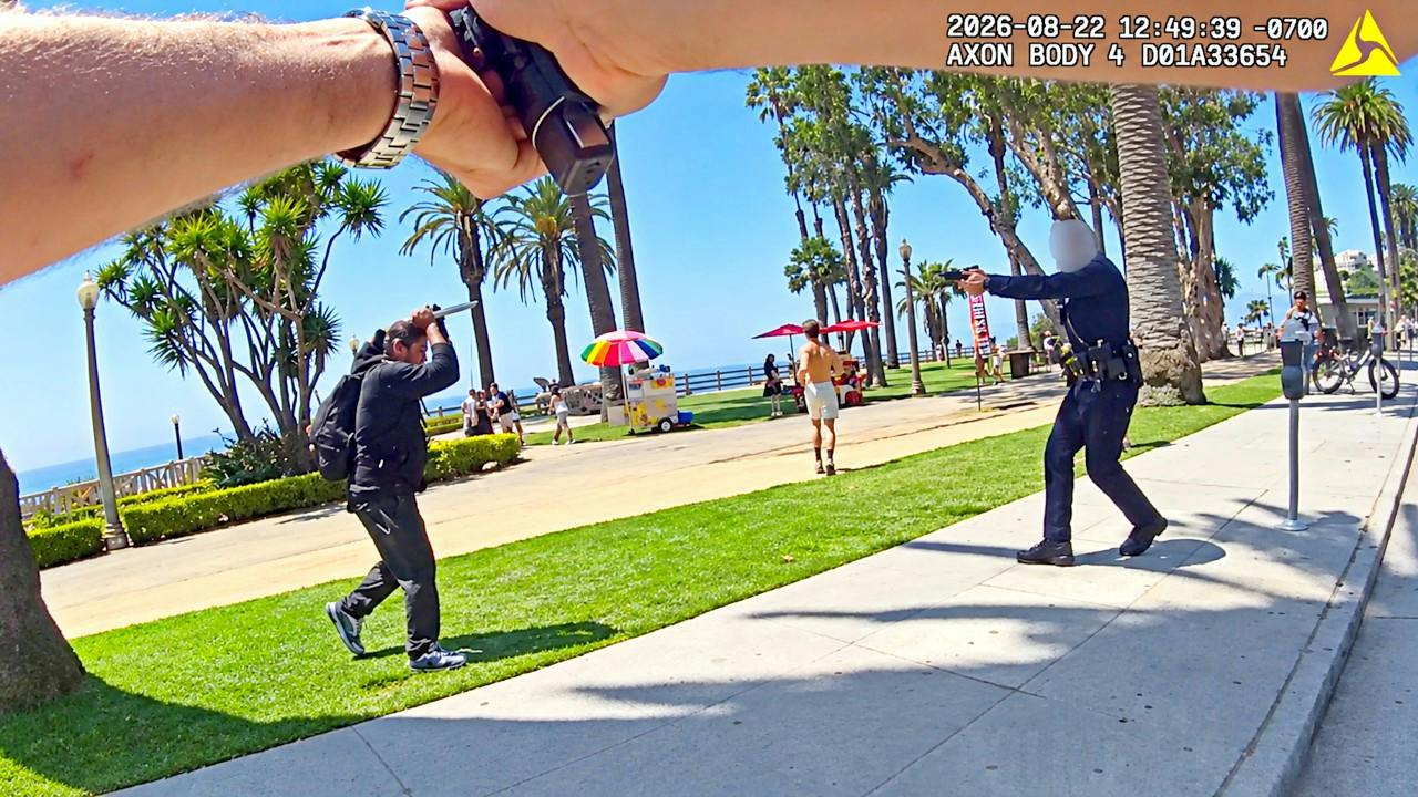 Santa Monica police confront a man armed with a knife
