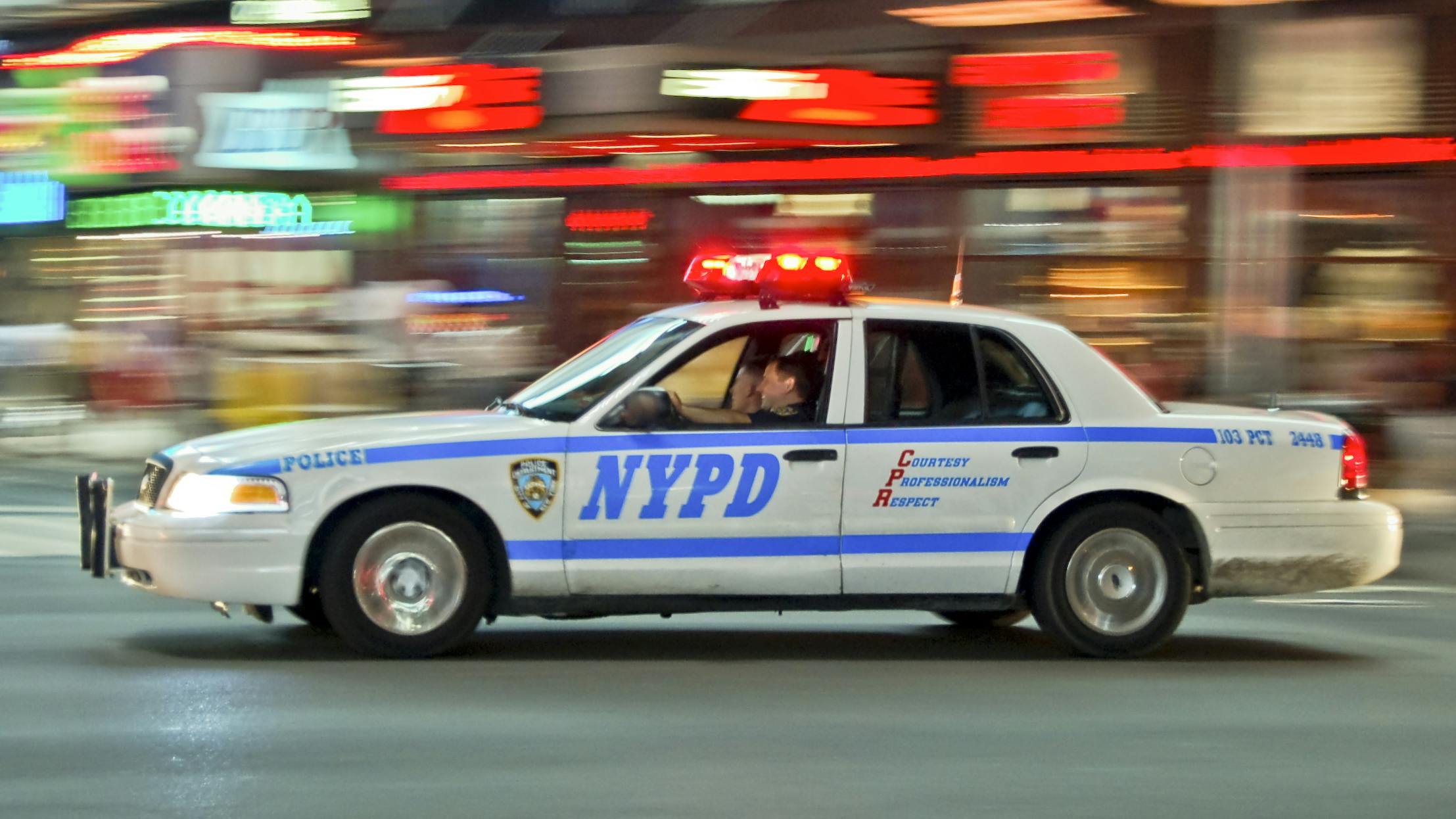 NYPD cruiser responding to a call near Times Square