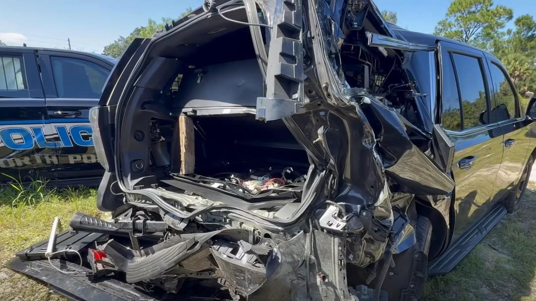 A vehicle crashed into a North Point police cruiser along Interstate 75