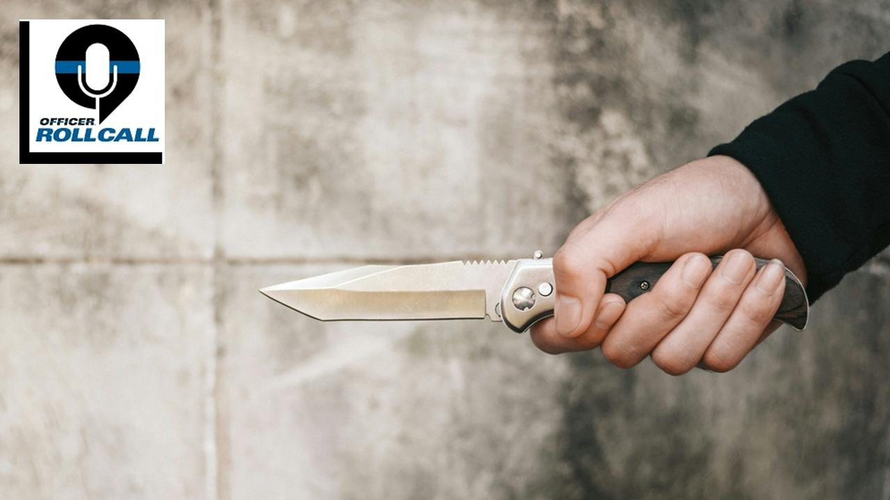 A knife is held outright in a person's had