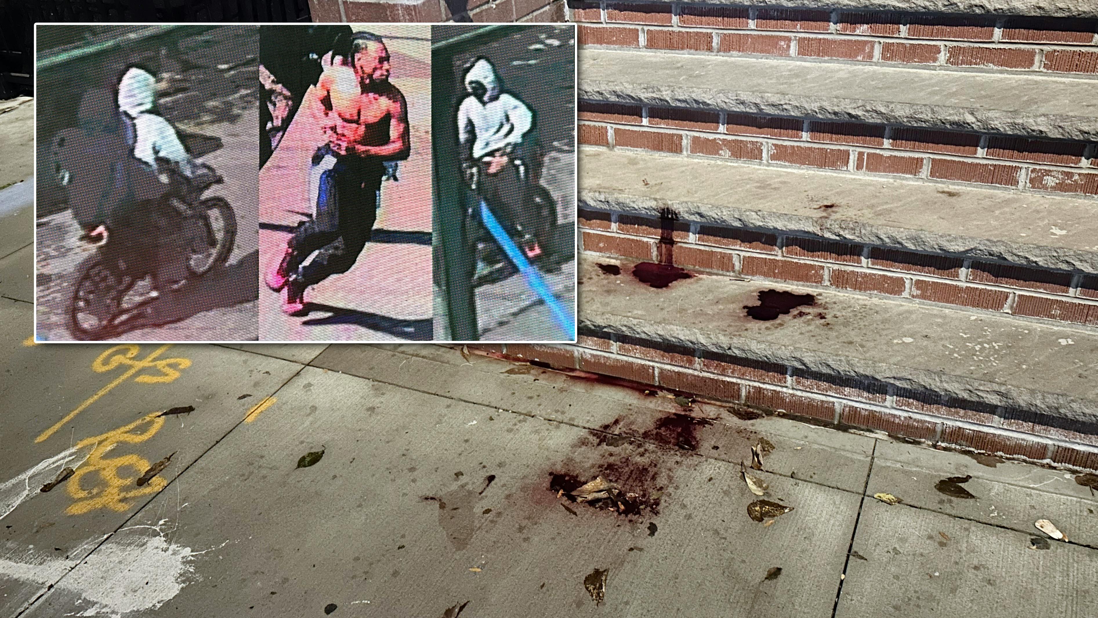 Blood stains a sidewalk after an NYPD detective was repeatedly stabbed; inset are photos of the suspects