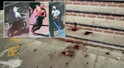 Blood stains a sidewalk after an NYPD detective was repeatedly stabbed; inset are photos of the suspects