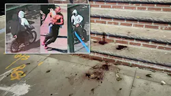 Blood stains a sidewalk after an NYPD detective was repeatedly stabbed; inset are photos of the suspects