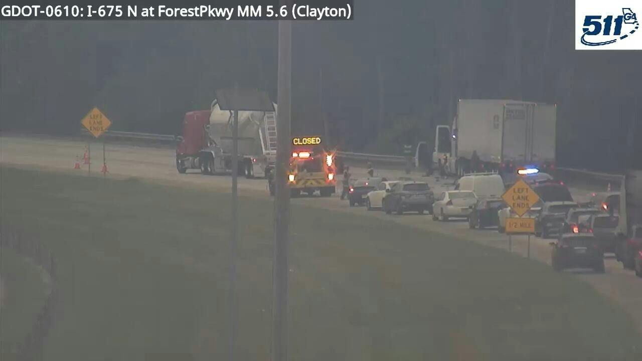 The crash scene on Interstate 675 after a suspect stole an Atlanta police cruiser and collided with a tanker truck