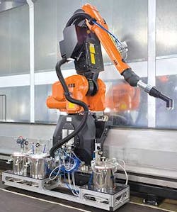 NABIs robotic paint line relies on eight ABB robots, two in each of four zones, to apply primer, two base coats and a final clea NABIs robotic paint line relies on eight ABB robots, two in each of four zones, to apply primer, two base coats and a final clea