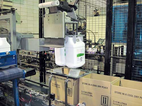 Case packing and palletizing in one small cell (10.5 by 25 ft.) required empty cardboard cases to convey from right to left alon