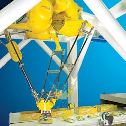 Rapid changes to products and packaging make robots such as the Fanuc M-3iA Delta, shown here picking and packing juice containe Rapid changes to products and packaging make robots such as the Fanuc M-3iA Delta, shown here picking and packing juice containe