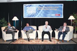 A technology supplier panel discussion included (left to right) Dan Throne, of Bosch Rexroth; John Kowal, of Elau; Graham Harris