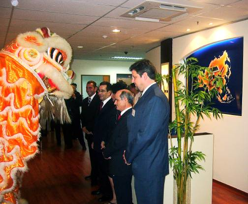 Welcome to the Lion City: Carlo Gavazzi executives were greeted in traditional style at the launch of the regional headquarters