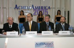 Among those addressing attendees at AchemAmerica were (seated, left to right) Prof. Gerhard Kreysa, Executive President, DECHEMA