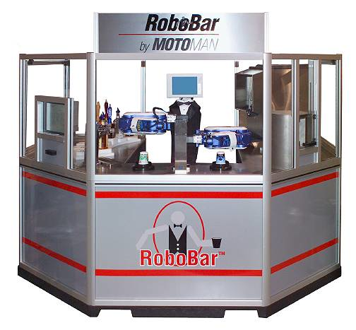 Motoman's dual-arm RoboBar is capable of vending draft beer, mixed drinks and soft drinks, and uses a magnetic card scanner to a