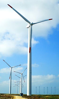 Mitsubishi's MWT 1000 wind turbine in use on a wind farm. Mitsubishi's MWT 1000 wind turbine in use on a wind farm.