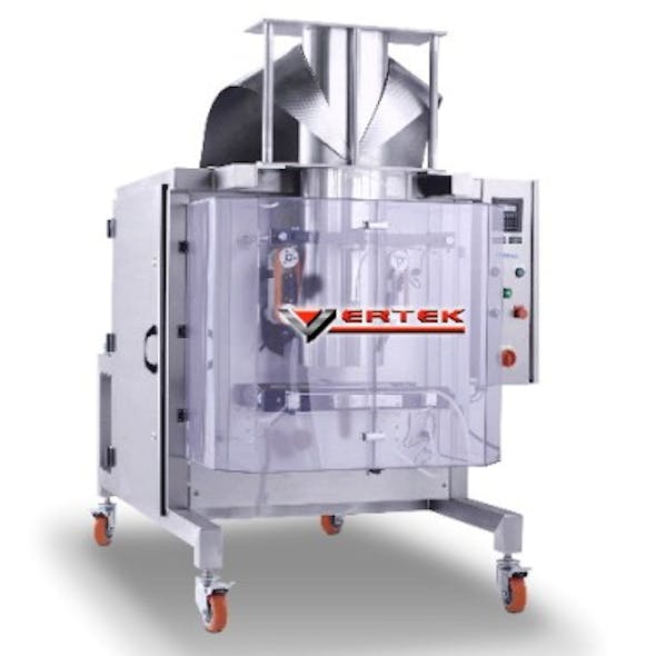 This image is shown as an example of a PLC-controlled vertical form fill seal packaging machine. The machine shown is one of the