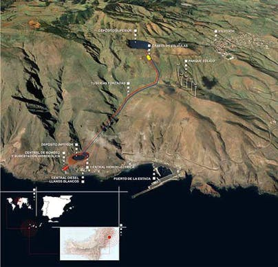 Overview of the El Hierro renewable energy project showing the lower reservoir and hydroelectric plant near the sea.