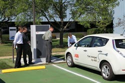 ABB's DC fast charger for electric vehicles 'tops-off' an EV at ABB’s office and production site in the industrial park in New Berlin, Wisc. ABB's DC fast charger for electric vehicles 'tops-off' an EV at ABB’s office and production site in the industrial park in New Berlin, Wisc.