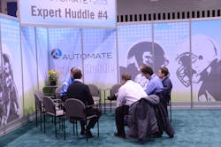 Students attending Automate 2013 took advantage of “expert huddles,” small, intimate encounters with automation experts held right on the show floor. Students attending Automate 2013 took advantage of “expert huddles,” small, intimate encounters with automation experts held right on the show floor.