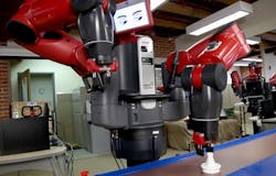Baxter demonstrates a simple manufacturing task at Rethink Robotics&rsquo; headquarters in Boston. Source: MIT Technology Review