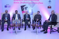 Panel discussion about open technology standards (from left to right): Mahabaleshwara B.L., Nestlé India, Satish Ansingkar, B&R, Maurizio Tarozzi, B&R, Bryan Griffen, Nestlé/Chair of Organization for Machine Automation & Control and OMAC Packaging Workgroup, and moderator Anup Wadhwa. Panel discussion about open technology standards (from left to right): Mahabaleshwara B.L., Nestlé India, Satish Ansingkar, B&R, Maurizio Tarozzi, B&R, Bryan Griffen, Nestlé/Chair of Organization for Machine Automation & Control and OMAC Packaging Workgroup, and moderator Anup Wadhwa.