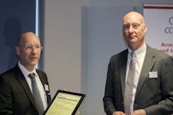 Balluff’s Jürgen Gutekunst (left) receives a certificate from John Browett, general manager of the CLPA in Europe. Balluff’s Jürgen Gutekunst (left) receives a certificate from John Browett, general manager of the CLPA in Europe.